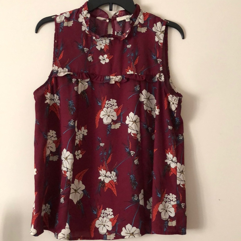 June & Hudson Sleeveless Blouse Top With Ruffle Neck Maroon Cream Floral L EUC